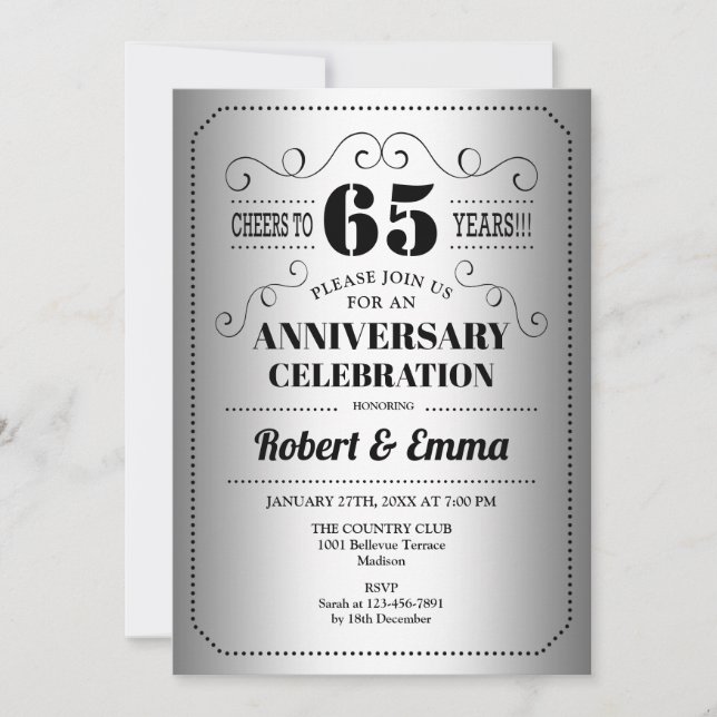65th Wedding Anniversary Party - Silver Black Invitation (Front)