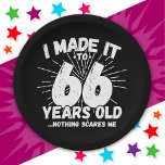 66 Year Old Sarcastic Meme Funny 66th Birthday Paper Plate<br><div class="desc">This funny 66th birthday design makes a great sarcastic humour joke or novelty gag gift for a 66 year old birthday theme or surprise 66th birthday party! Features 'I Made it to 66 Years Old... Nothing Scares Me' funny 66th birthday meme that will get lots of laughs from family, friends,...</div>