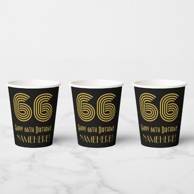 66th Birthday: Art Deco Inspired Look “66” & Name Paper Cups (Multi)