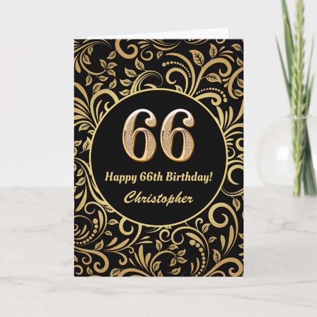 66th Birthday Black and Gold Floral Pattern Card (Front)