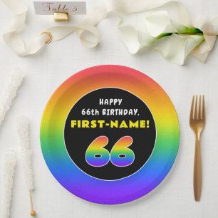 66th Birthday: Colorful Rainbow # 66, Custom Name Paper Plate