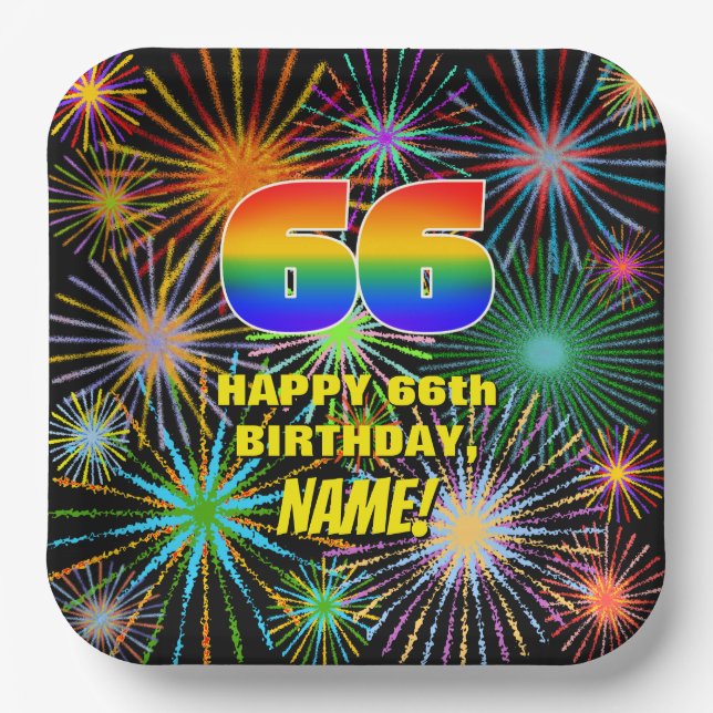 66th Birthday: Colourful, Fun Celebratory Firework Paper Plate (Front)