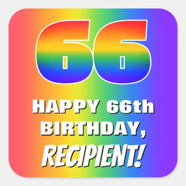 66th Birthday: Colourful, Fun Rainbow Pattern # 66 Square Sticker (Front)