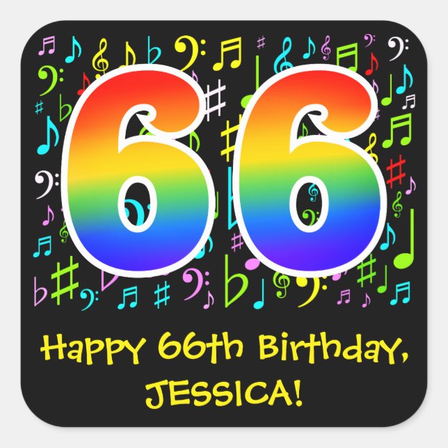 66th Birthday: Colourful Music Symbols, Rainbow 66 Square Sticker (Front)