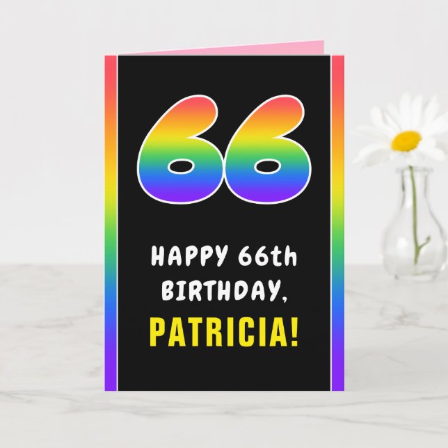 66th Birthday: Colourful Rainbow # 66, Custom Name Card (Small Plant)
