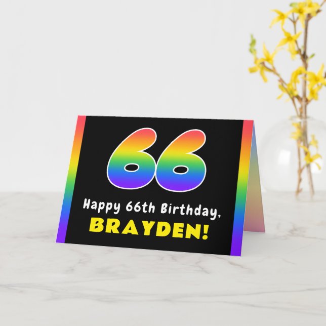 66th Birthday: Colourful Rainbow # 66, Custom Name Card (Yellow Flower)