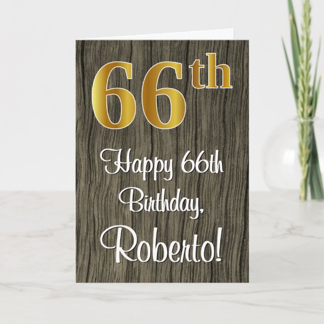 66th Birthday: Elegant Faux Gold Look #, Faux Wood Card (Front)
