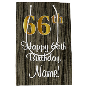 66th Birthday: Elegant Faux Gold Look #, Faux Wood Medium Gift Bag