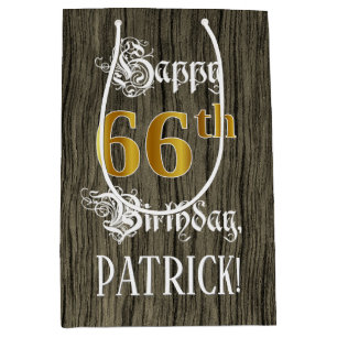 66th Birthday: Faux Gold Look & Faux Wood Pattern Medium Gift Bag