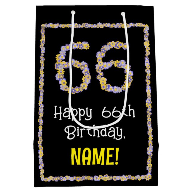 66th Birthday: Floral Flowers Number, Custom Name Medium Gift Bag (Back)