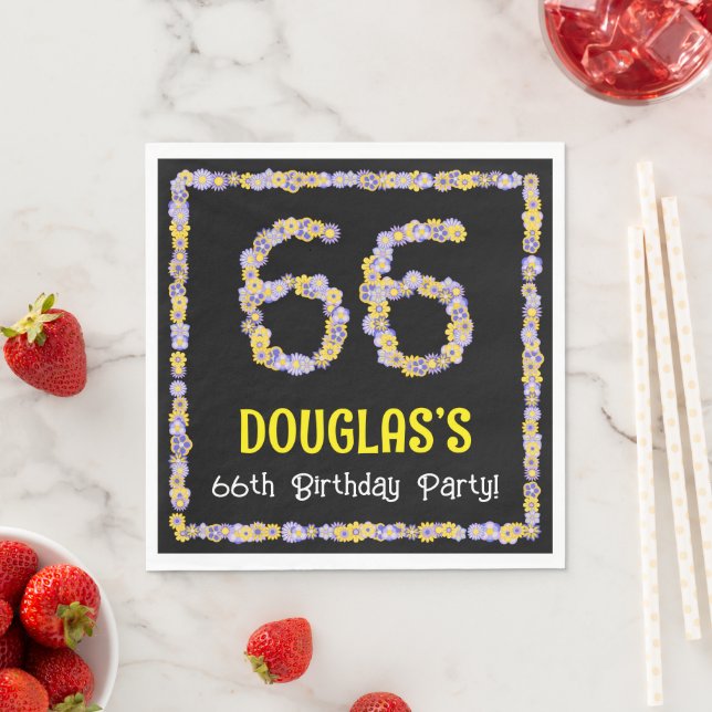 66th Birthday: Floral Flowers Number, Custom Name Napkin (Insitu)
