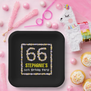 66th Birthday: Floral Flowers Number, Custom Name Paper Plate