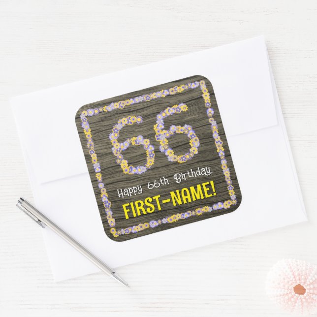 66th Birthday: Floral Number, Faux Wood Look, Name Square Sticker (Envelope)