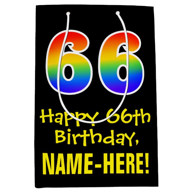 66th Birthday: Fun, Bold, Colourful, Rainbow "66" Medium Gift Bag (Front)