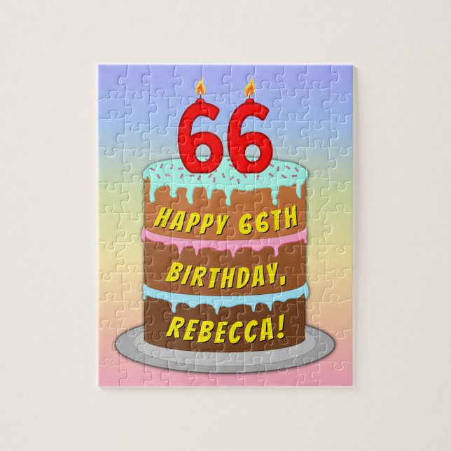 66th Birthday: Fun Cake and Candles + Custom Name Jigsaw Puzzle (Vertical)