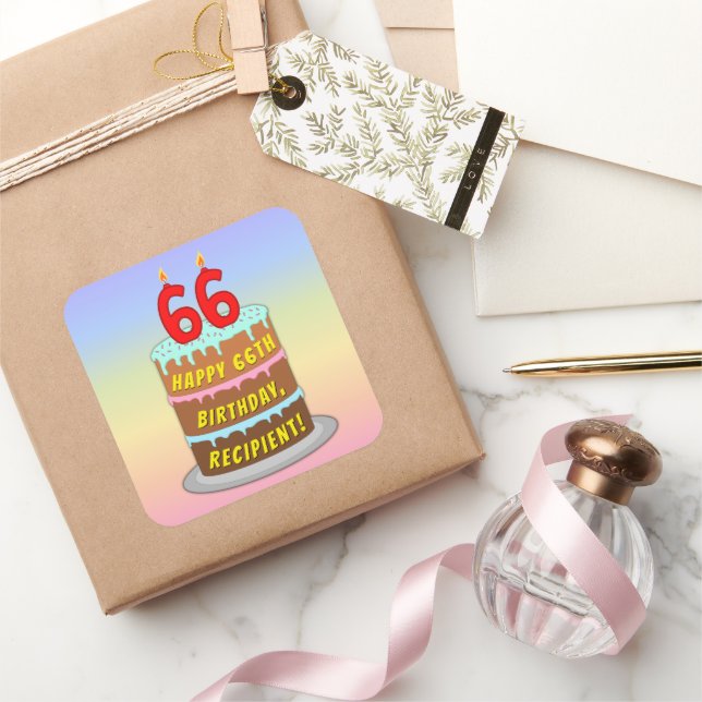 66th Birthday: Fun Cake and Candles + Custom Name Square Sticker (Gifting)