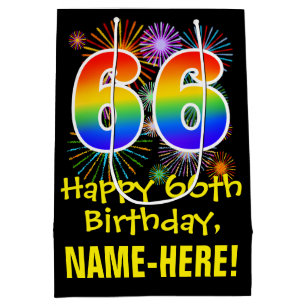 66th Birthday: Fun Fireworks Pattern + Rainbow 66 Medium Gift Bag