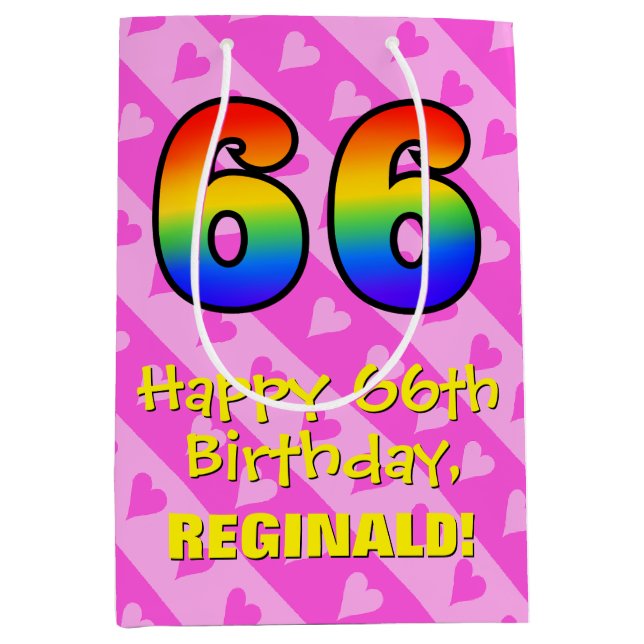 66th Birthday: Fun Pink Hearts Stripes; Rainbow 66 Medium Gift Bag (Front)