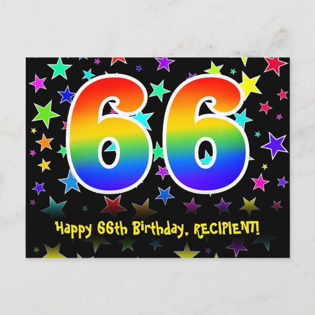 66th Birthday: Fun Stars Pattern, Rainbow 66, Name Postcard (Front)