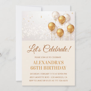 66th birthday invitations Balloons Gold White