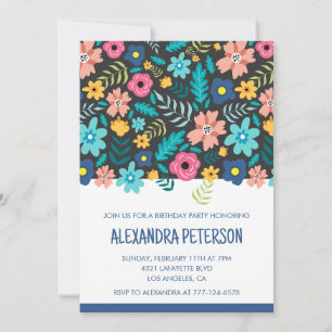66th birthday invitations Floral Pattern Navy blue