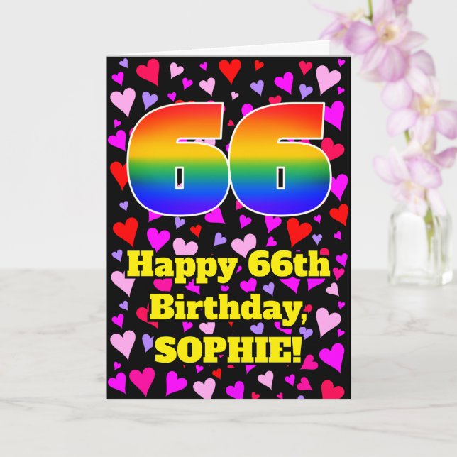 66th Birthday: Loving Hearts Pattern, Rainbow # 66 Card (Orchid)