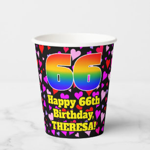 66th Birthday: Loving Hearts Pattern, Rainbow 66 Paper Cups