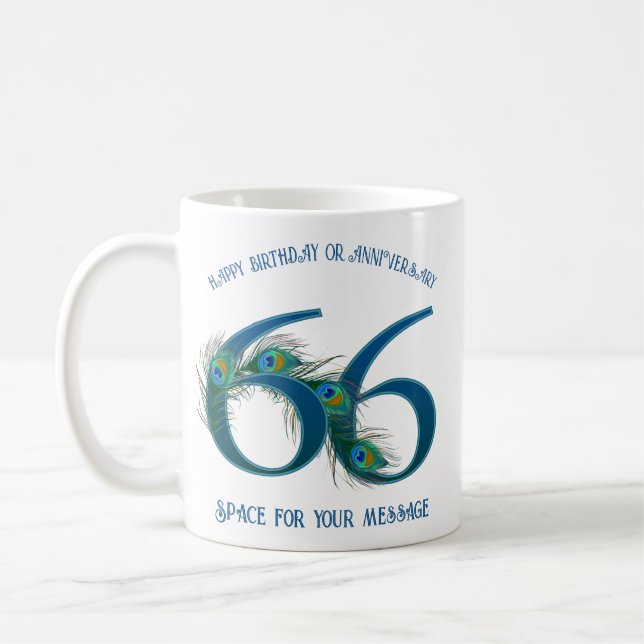 66th Birthday Or Anniversary Peacock Feather Coffee Mug (Left)