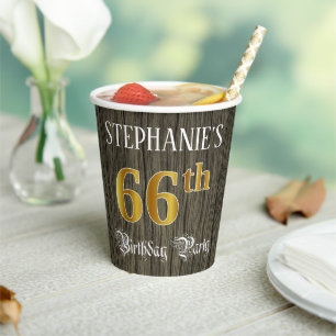 66th Birthday Party — Faux Gold & Faux Wood Looks Paper Cups