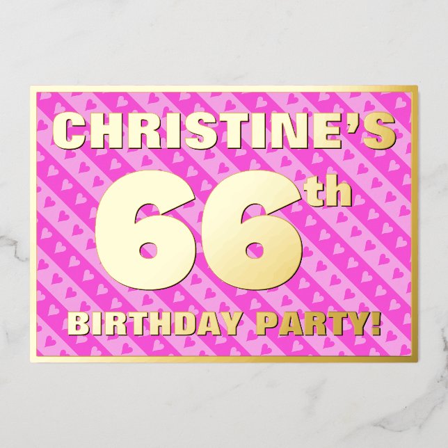 66th Birthday Party — Fun Pink Hearts and Stripes (Front)