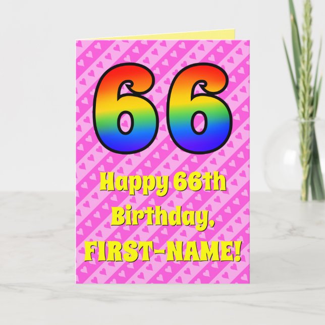 66th Birthday: Pink Stripes & Hearts, Rainbow # 66 Card (Front)