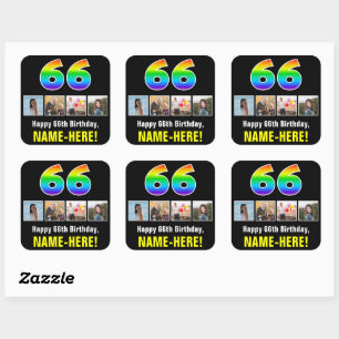66th Birthday: Rainbow “66”; Custom Photos & Name Square Sticker