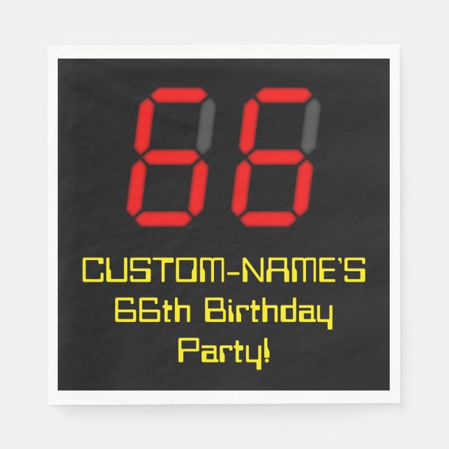 66th Birthday: Red Digital Clock Style "66" + Name Napkin (Front)