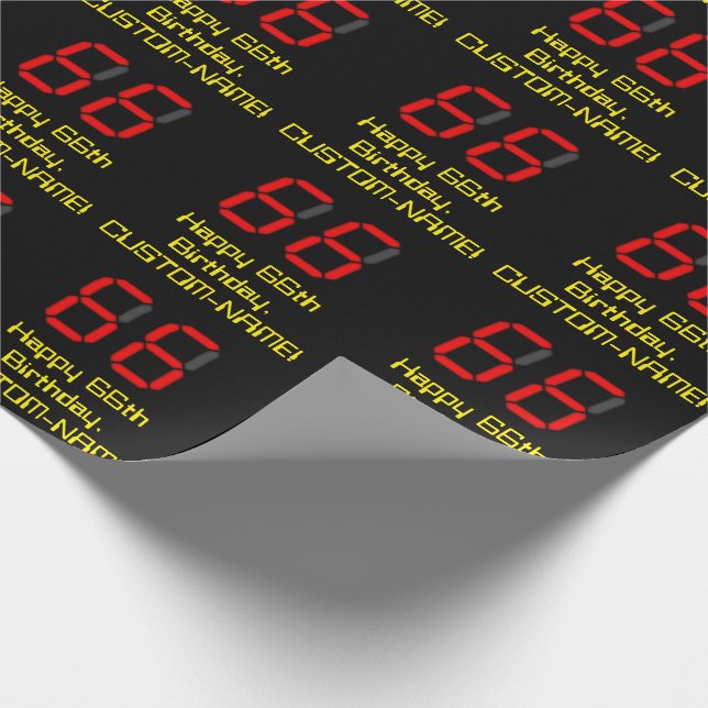 66th Birthday: Red Digital Clock Style "66" + Name Wrapping Paper (Corner)
