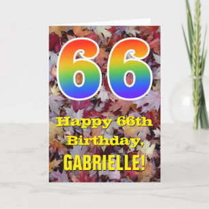 66th Birthday; Rustic Autumn Leaves; Rainbow "66" Card