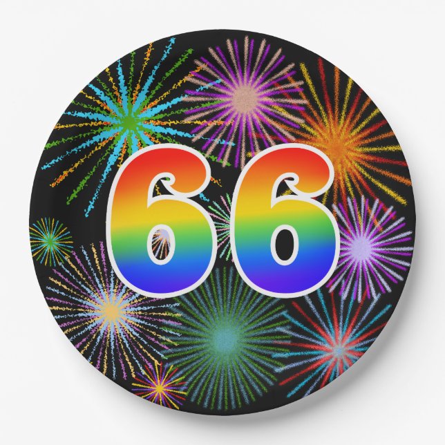 66th Event - Fun, Colourful, Bold, Rainbow 66 Paper Plate (Front)