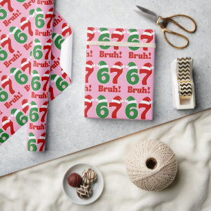 67 Bruh Funny Christmas Red and Green Santa Hat Wrapping Paper