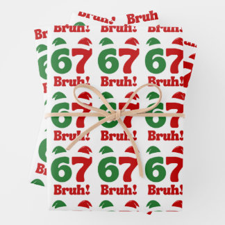 67 Bruh Funny Christmas Red and Green Santa Hat  Wrapping Paper Sheet