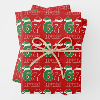 67 Bruh Funny Christmas Red and Green Santa Hat  Wrapping Paper Sheet