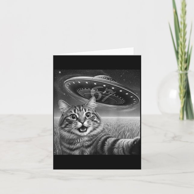 67 Cat Selfie With Alien Ufos Funny Cat Six Seven  Card (Front)