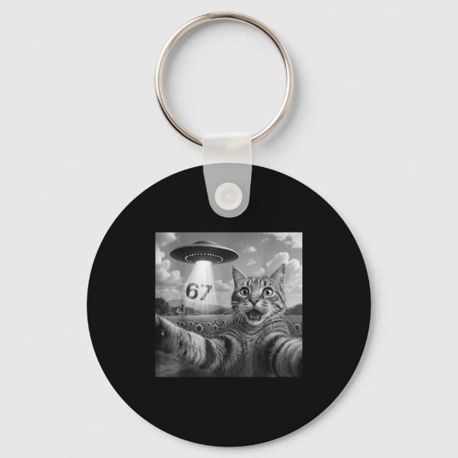 67 Cat Selfie With Alien Ufos Funny Cat Six Seven  Key Ring (Front)