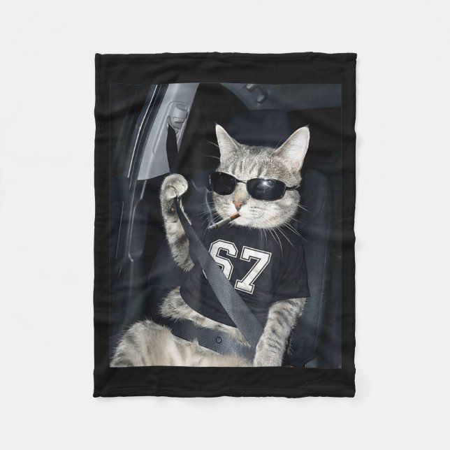 67 Cat Wearing Sungles Gen Alpha Smoking Cat  Fleece Blanket (Front)