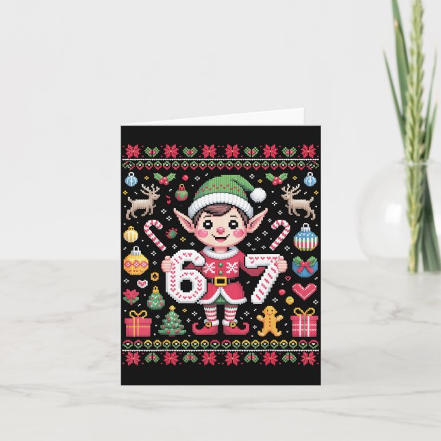 67 Christmas Elf Ugly Sweater Cute 6 7 Meme Xmas B Card (Front)