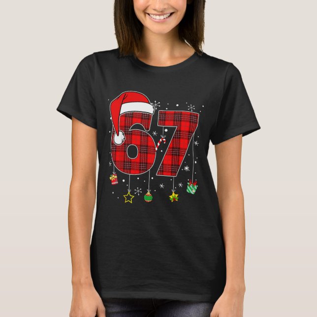 67 Christmas Plaid Santa Hat Funny Family Matching T-Shirt (Front)