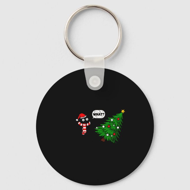 67 Funny Black Cat Pushing Christmas Tree Over Cat Key Ring (Front)