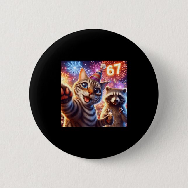 67 Meme Cat Raccoon New Year Selfie Funny Birthday 6 Cm Round Badge (Front)