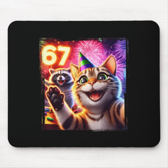 67 Meme Cat Raccoon New Year Selfie Funny Birthday Mouse Pad (Front)