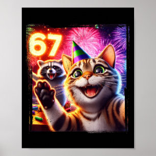 67 Meme Cat Raccoon New Year Selfie Funny Birthday Poster