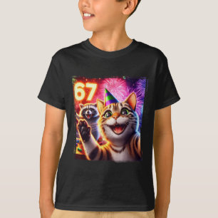 67 Meme Cat Raccoon New Year Selfie Funny Birthday T-Shirt