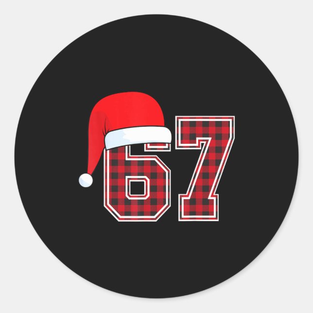 67 Meme Funny Christmas Red Plaid Xmas Pajamas Sla Classic Round Sticker (Front)